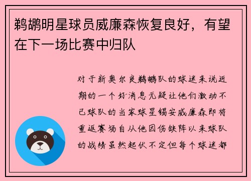 鹈鹕明星球员威廉森恢复良好，有望在下一场比赛中归队