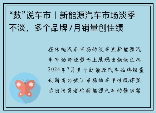 “数”说车市丨新能源汽车市场淡季不淡，多个品牌7月销量创佳绩