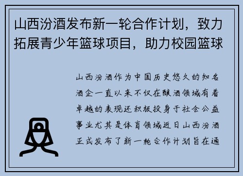 山西汾酒发布新一轮合作计划，致力拓展青少年篮球项目，助力校园篮球发展