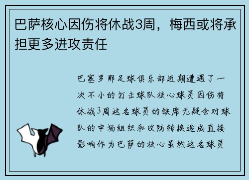 巴萨核心因伤将休战3周，梅西或将承担更多进攻责任